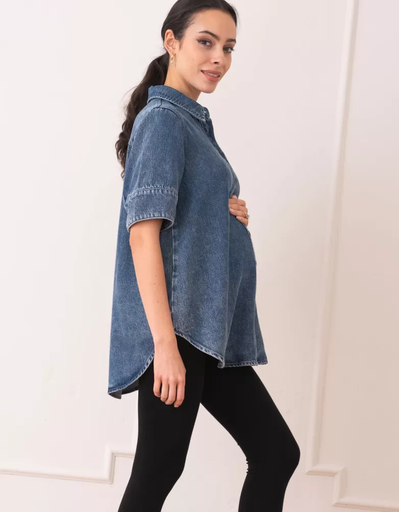 Online Blouse met korte mouwen van Tencel™ denim | CARIPOD™ | Topjes