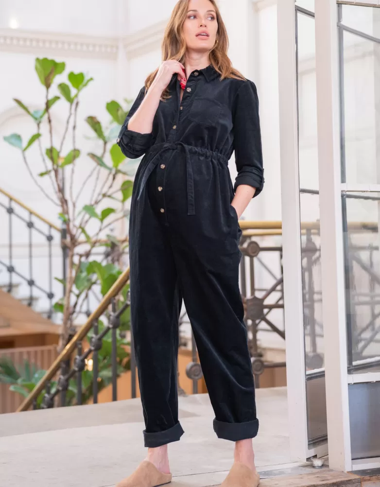 New Zwarte jumpsuit van ribfluweel katoen voor zwangerschap | Jumpsuit