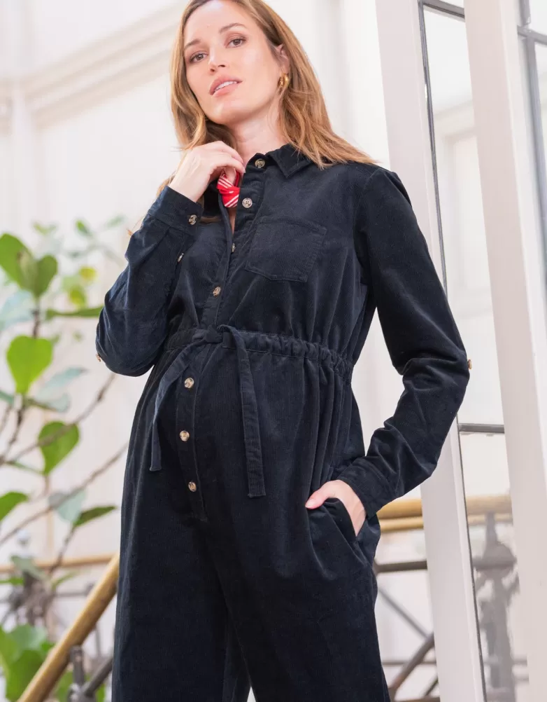 New Zwarte jumpsuit van ribfluweel katoen voor zwangerschap | Jumpsuit